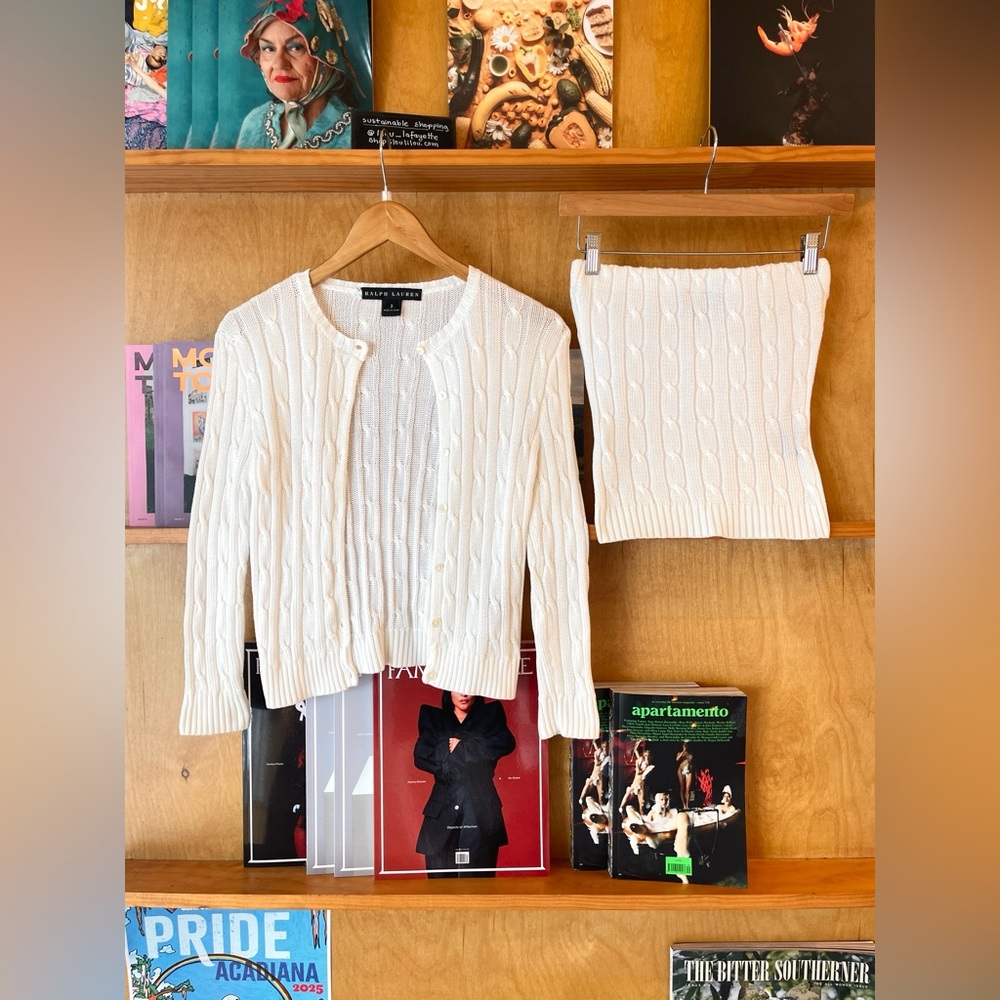 Y2K cotton cable knit cardigan & tube top matching set Ralph Lauren black label